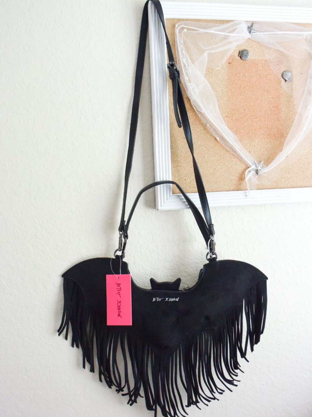 *Betsey Johnson* Black Suede Bat Fringe Crossbody Shoulder Detachable Purse/Bag